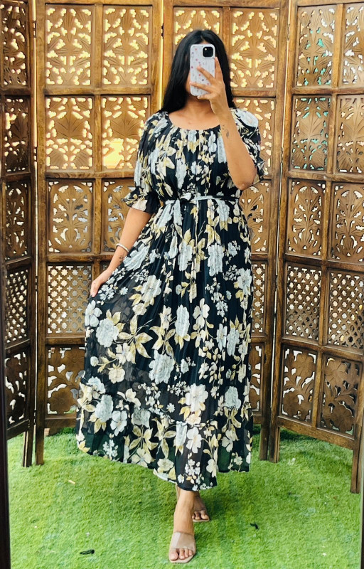 Mega Sleeve Georgette Dress Free Size up to 52 | Stylish Adjustable Fit  Dress